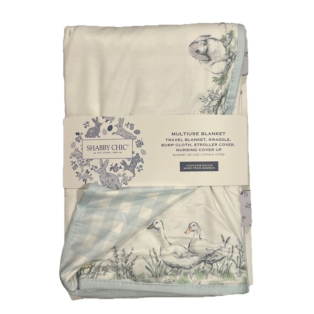 SHABBY CHIC BUNNIES & DUCKS GINGHAM BLUE BABY MULTIUSE BLANKET SPRING New